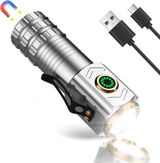Tragbare Taschenlampe – Wiederaufladbare Led-taschenlampe – Taschenlampe – Magnetische Taschenlampe – Silber