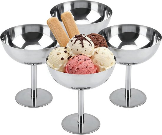 Eisschalen Aus Edelstahl – Dessertschalen/cocktailgläser – Servierschalen Für Desserts – Elegantes Design Mit Hohem Stiel – 200 Ml, 4 Stück – Silberfarben
