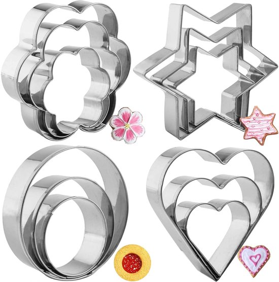 Set Mit 12 Ausstechformen (herzen, Sterne, Blumen, Rund). Silberne Ausstechformen, Spülmaschinenfest.