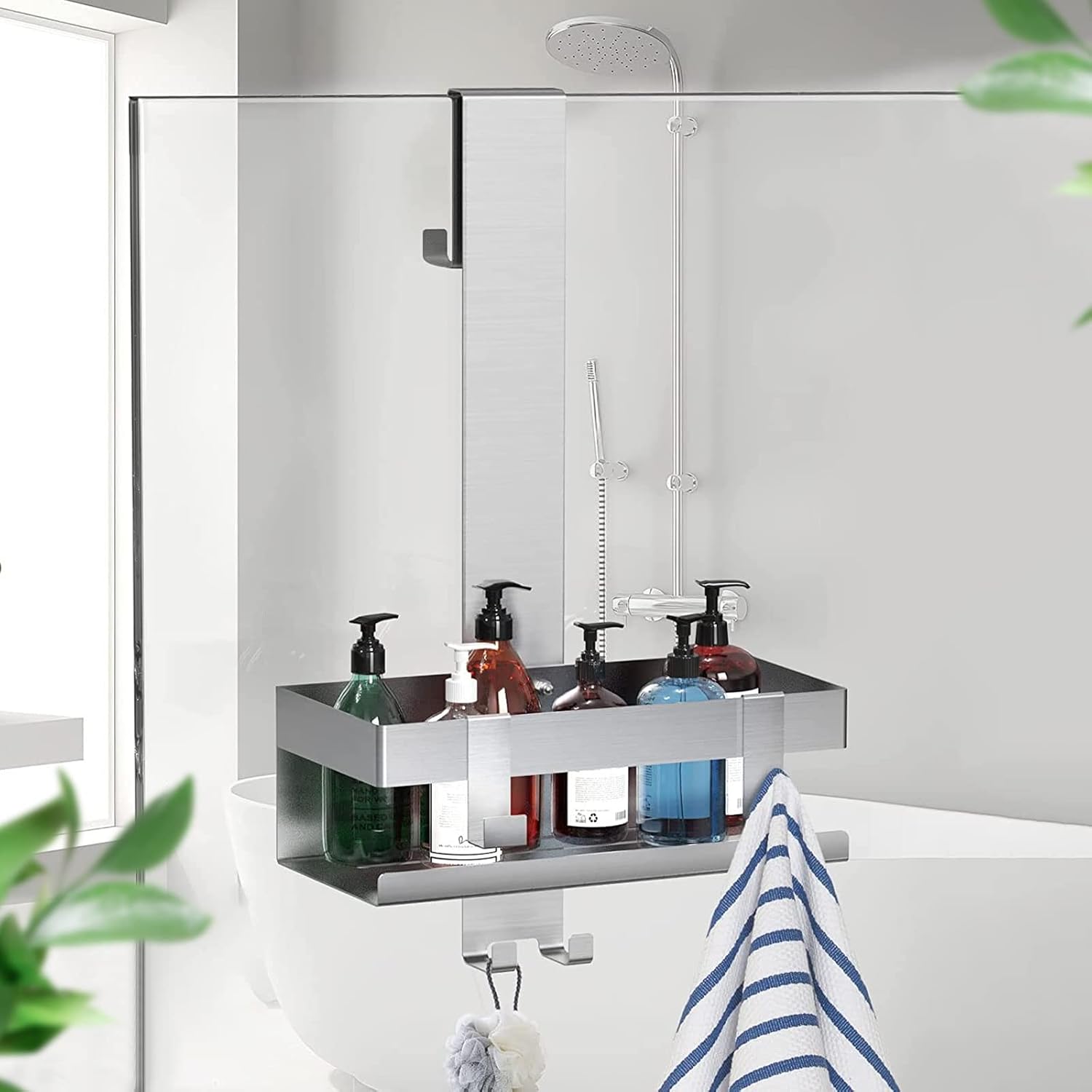 Shower Shelf For Hanging, Shower Shelf Without Drill, Shower Basket For Hanging, Stainless Steel Sus304 For Frameless Glass Door, Bathroom Organiser, Shampoo Holder For Shower, With 2 Movable Hooks, S