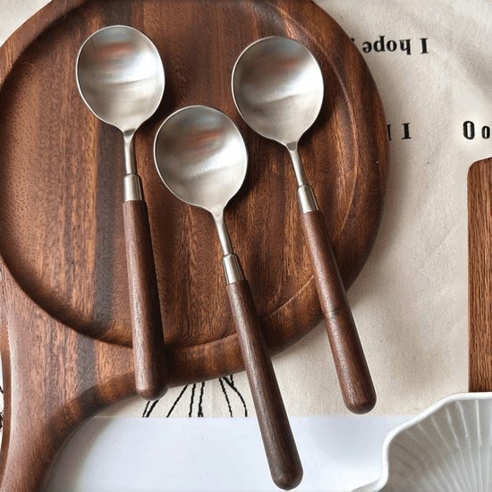 Retro Löffel Mit Holzgriff, Servierlöffel Aus Edelstahl, Hölzerner Esslöffel, Silberfarbenes Besteck Mit Braunem Griff, 3 Teiliges Set.