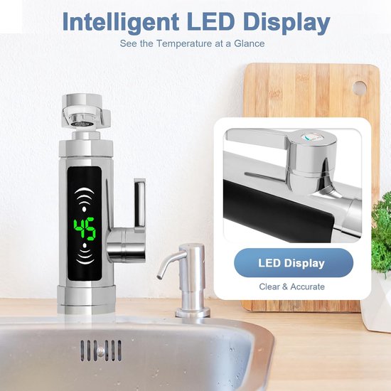 Elektrischer Wasserhahn 3000 W Mit Led-temperaturanzeige 3s Warmwasser 360 Grad Drehbar Ipx4 Wasserdicht Und Sicherheitsschutz 220 V Silber Für A