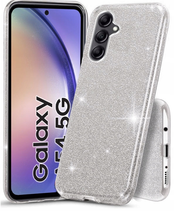Schutzhülle Für Samsung Galaxy A54 5g, Glitzer, 3-in-1, Silberne Rückseite + Glas