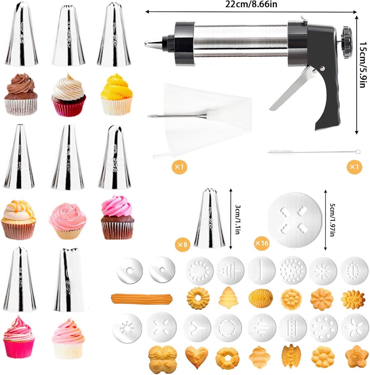 Kekspresse – Teigformer Aus Edelstahl Mit 16 Formen Und 8 Düsen – Inklusive Reinigungsbürste – Zum Dekorieren Von Keksen Und Kuchen – Komplettes Set