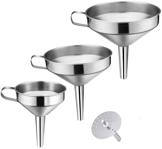 3 Teiliges Edelstahl Trichterset Mit Griff Und Herausnehmbarem Filter Zum Umfüllen Von Flüssigkeiten, Trockenen Zutaten Und Pulvern Silber