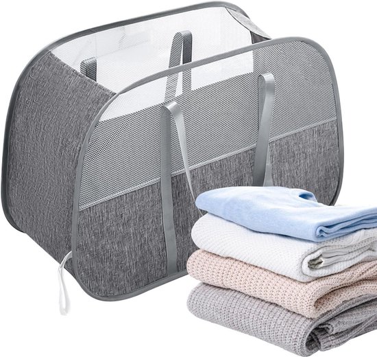 Faltbarer Wäschekorb – Kleiderorganizer – Platzsparend – Belüftungsnetz – 90 Liter Fassungsvermögen – Grau