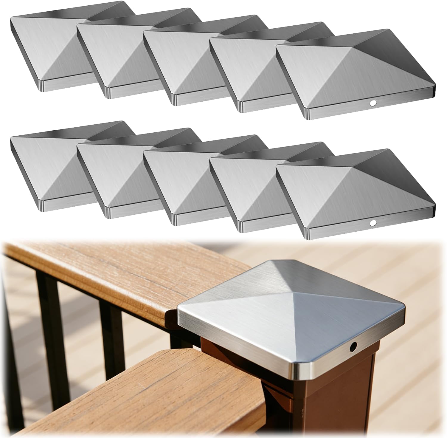 Pack Of 10 Post Caps, Stainless Steel Post Cover, Fence Post Caps, Pyramid Shape, Weatherproof Post Cap, Protective Cap For Wooden Posts (8 X 8 Cm)