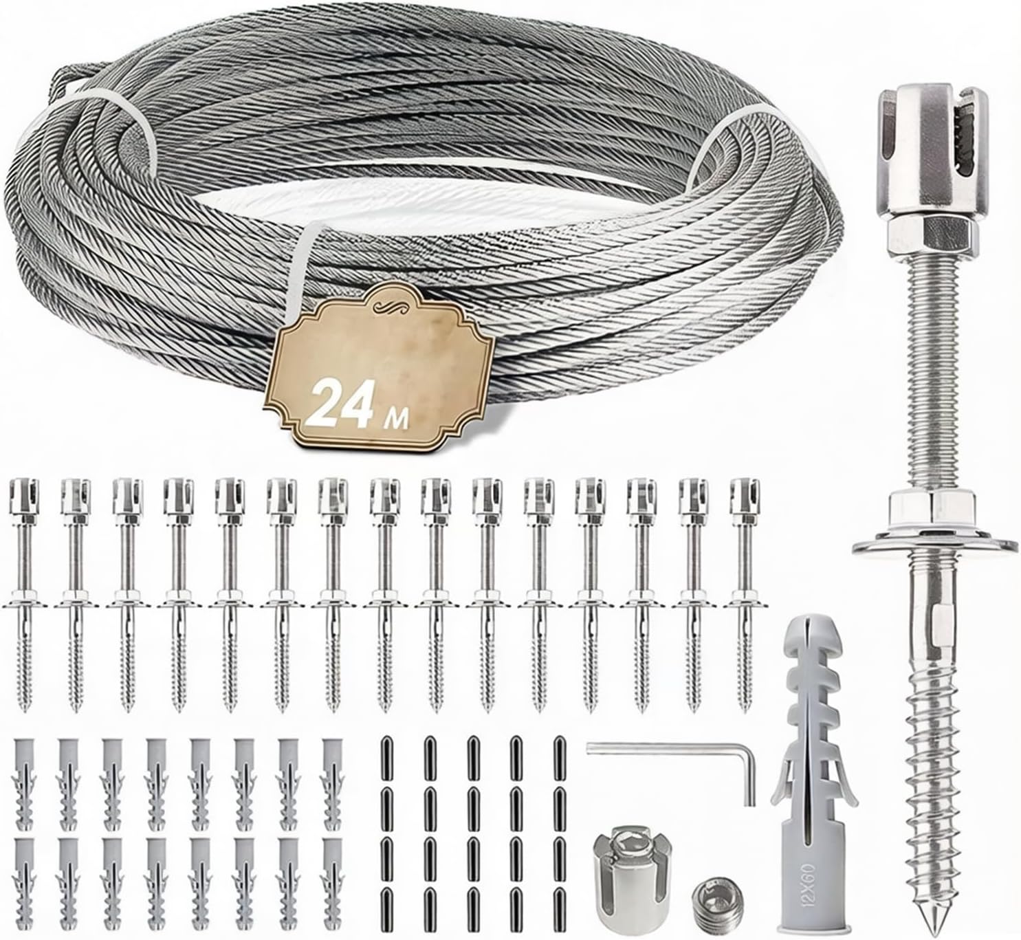 Trellis Metal For Climbing Plants, Stainless Steel Robust Wire Mesh Set With 24 M Trellis Stainless Steel (3 Mm Steel Rope) And 16 Holders For Climbing Plants, Garden, Wall, Roses Vines