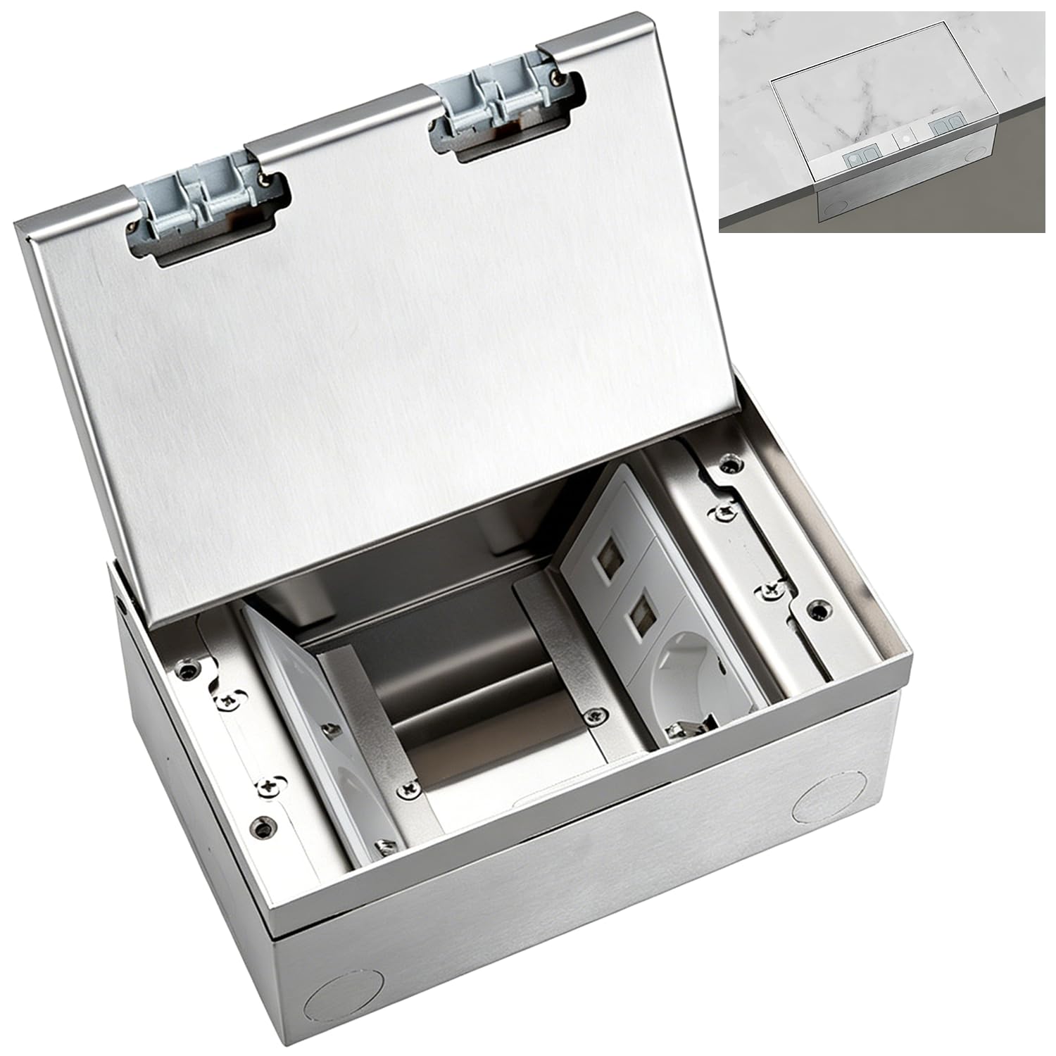 Floor Recessed Socket, 16 A Ac250 V 4000 W Stainless Steel Socket Box With 3 Eu Plugs And 2 Network Cable Connections, Waterproof Hidden Socket For Home, Offices
