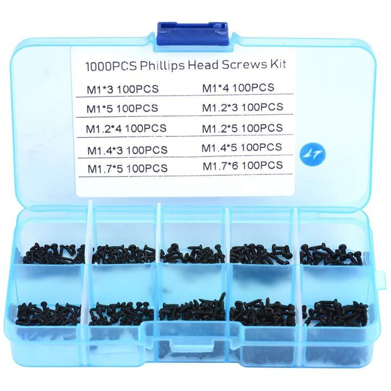 Packung Mit 1000 M1 M1.2 M1.4 M1.7 Flachkopf-blechschrauben Aus Edelstahl, Schwarz