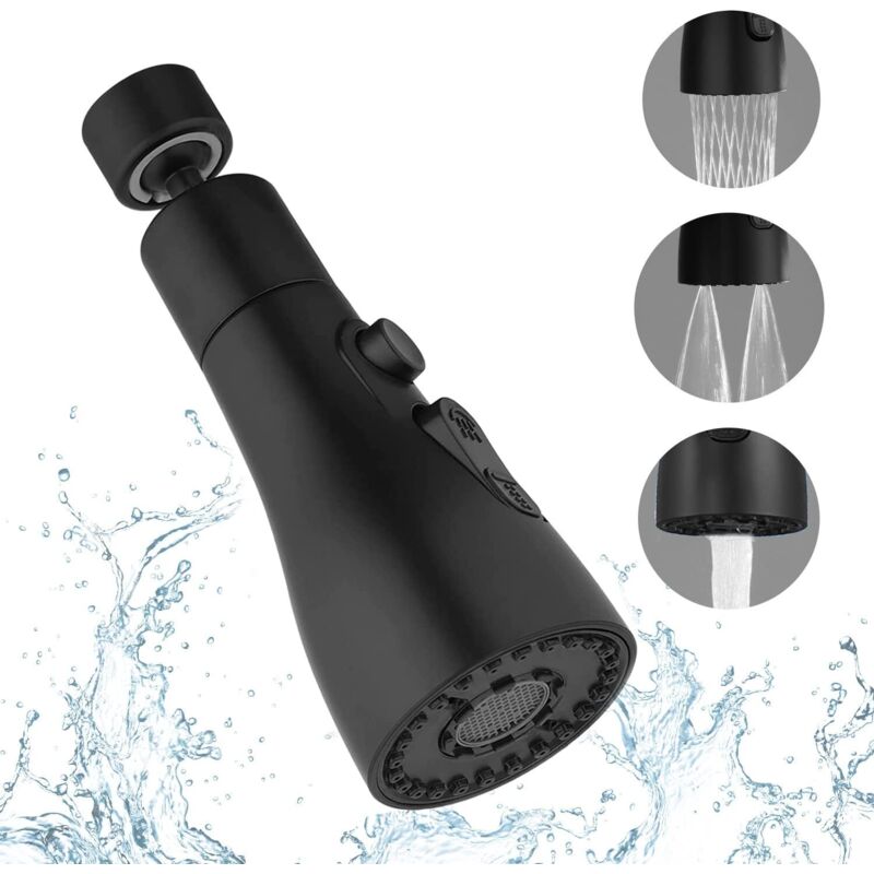 Schwarzer Brausekopf Für Wasserhähne – 3 Strahlarten – 360°-schwenkadapter – Massives Messing Und Korrosionsbeständiges Abs