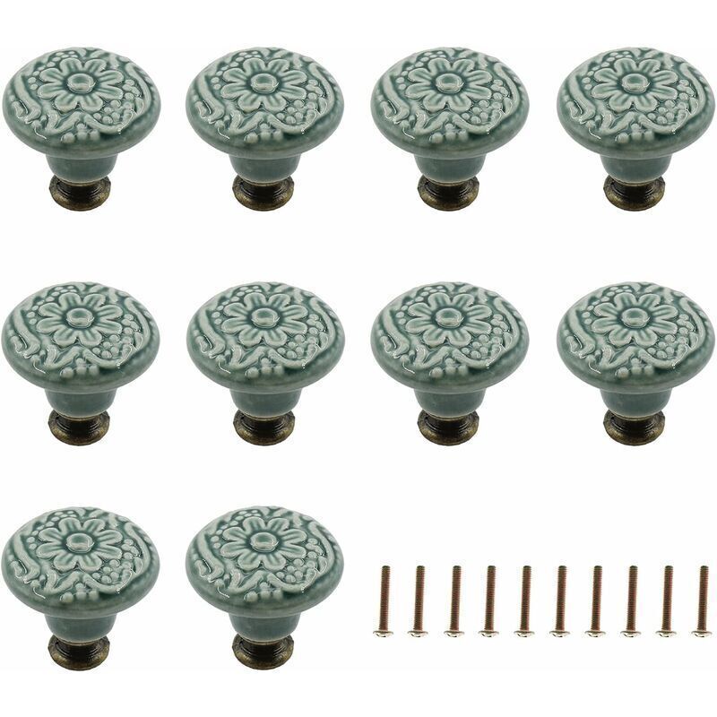 Möbelgriff, Set Mit 10 Dekorativen Keramikknöpfen (grün) Für Schubladen, Schränke, Kommoden, Regale, Zum Öffnen Und Schließen Von Möbeln, Inklusive Befestigungsschrauben