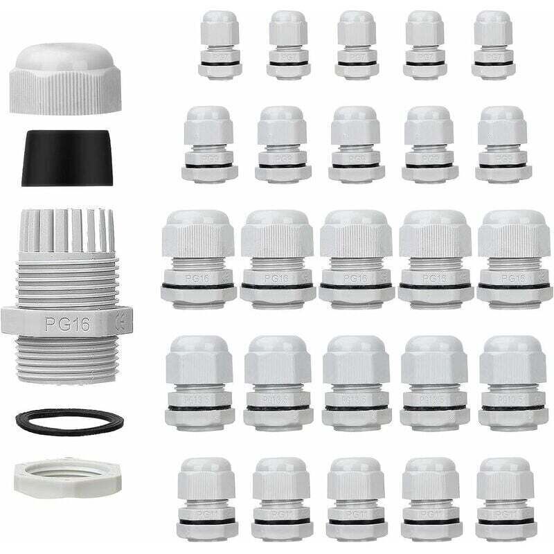 Packung Mit 25 Wasserdichten Kabelverschraubungen – Verstellbare Größen Pg7, Pg9, Pg11, Pg13,5, Pg16 – Flammhemmendes Pa6-nylon – Schutzart Ip68 Für Elektrische Installationen