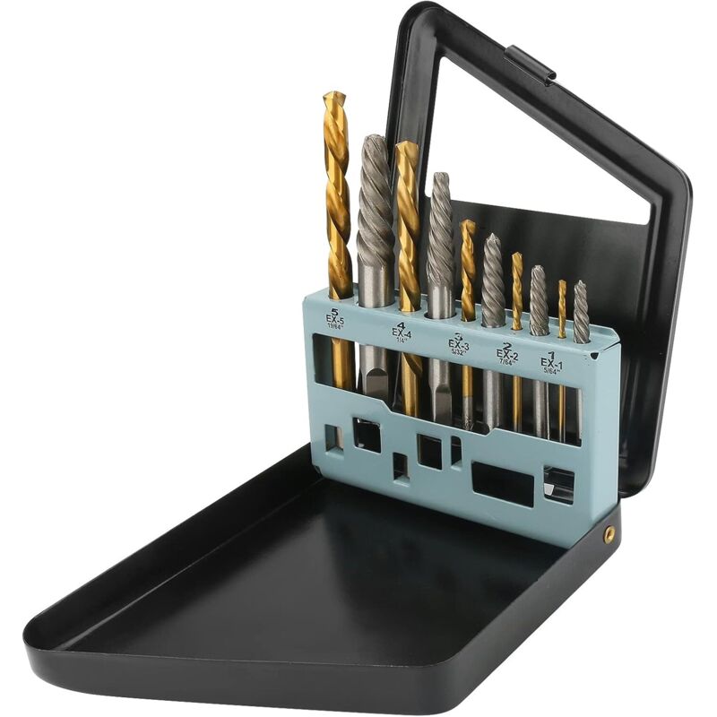 Set Mit 10 Schraubenausdrehern Und Bohrern, Leicht Von Links Zu Entnehmen, Mit Metallkoffer Robustes Werkzeugset Zum Entfernen Beschädigter Und Abgenutzter Schrauben.