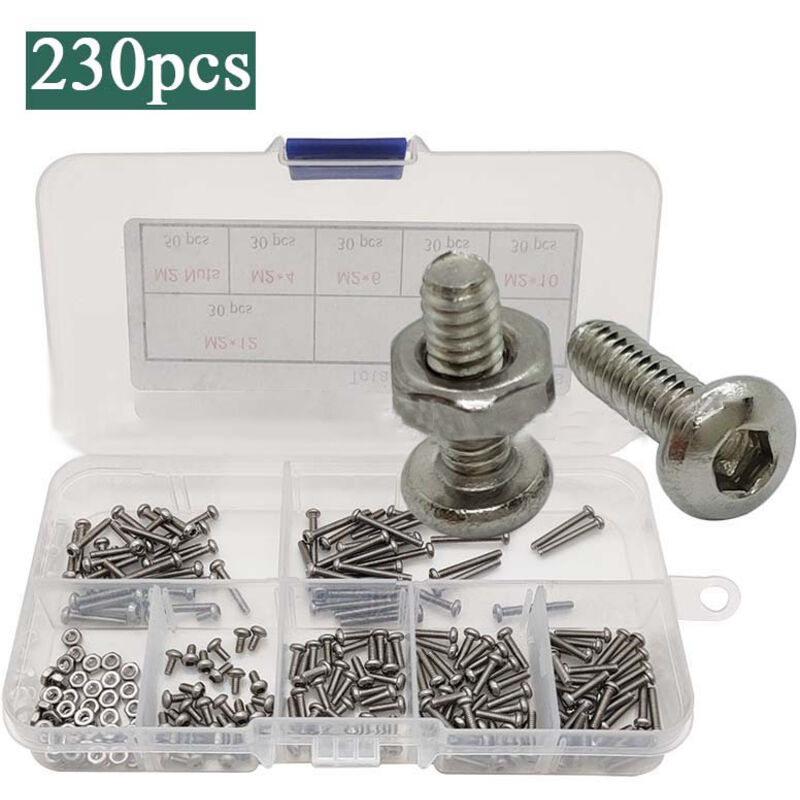 230-teiliges Set M2-sechskantschrauben, -bolzen Und -muttern Aus Edelstahl Mit Aufbewahrungsbox