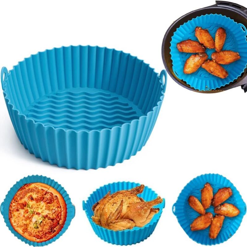 20 Cm Silikon-heißluftfritteusen-topf, Zubehör Für Heißluftfritteusen, Silikon-frittierkorb, Wiederverwendbarer Silikon-heißluftfritteusen-topfkorb, Für Heißluftfritteuse, Mikrowelle, Kuchenform, Blau