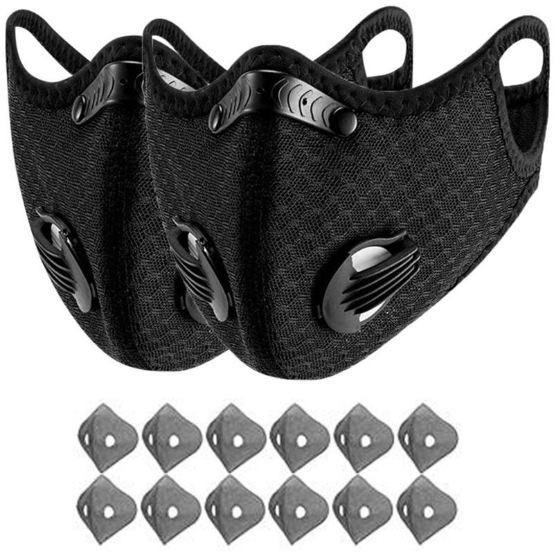 Wiederverwendbare Fahrradmaske Mit Aktivkohlefilter, Schwarz (2 Gesichtsmasken + 12 Filterkartuschen)