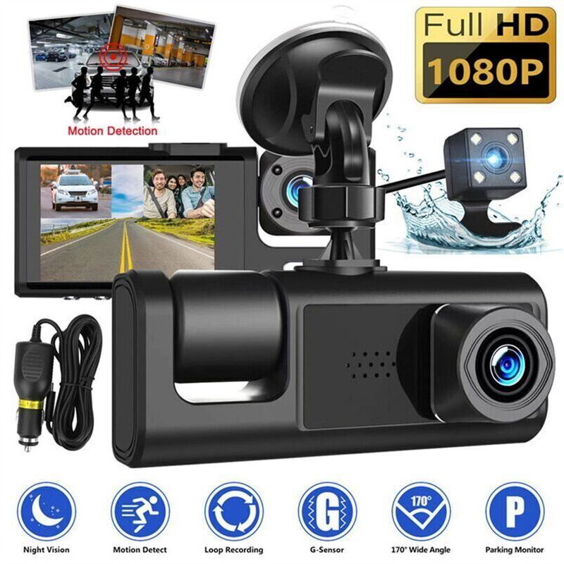 Überwachungskamera Für Den Innen- Und Außenbereich, 3-kamera-dashcam Mit 1080p-auflösung, 2-zoll-bildschirm, Schwarz, Fahrerrekorder Für Taxis, Auto-dvr, Universelle Rückfahrkamera