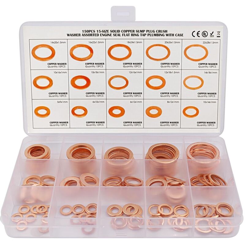 Kupfer-unterlegscheiben, Dichtungsringe, Flachscheiben, O-ringe Mit Aufbewahrungsbox – 150 Stück M5 M6 M8 M10 M12 M14 M16 M18 M20 M22