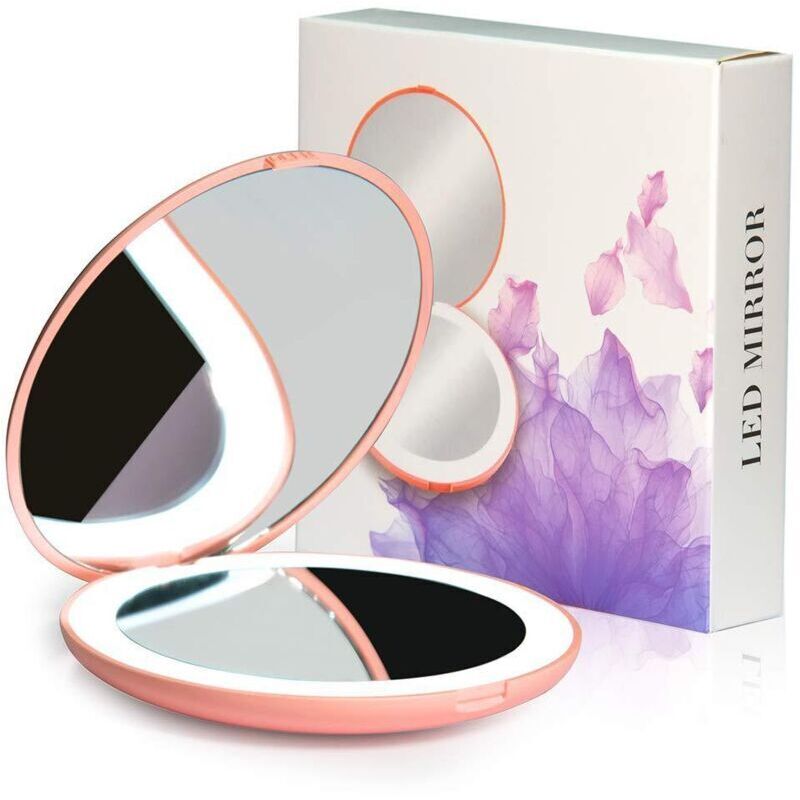 Kompakter Led-spiegel, Beleuchteter Reisespiegel, 10-fache Vergrößerung, Tragbar, Doppelseitig, Kosmetikspiegel Für Die Tasche, Ideal Als Geschenk, Rosa, 8,9 Cm Durchmesser