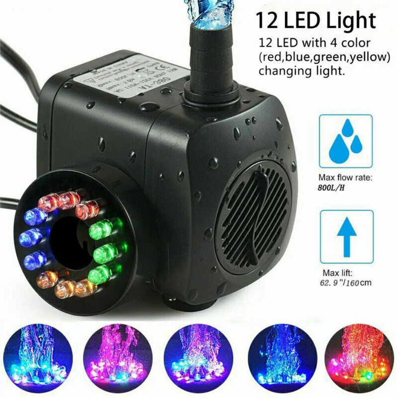 16-w-springbrunnenpumpe – 800 L/h Fördermenge – 12 Wasserdichte Leds Für Dekorative Beleuchtung – Leise Und Kompakt Für Teiche Und Aquarien