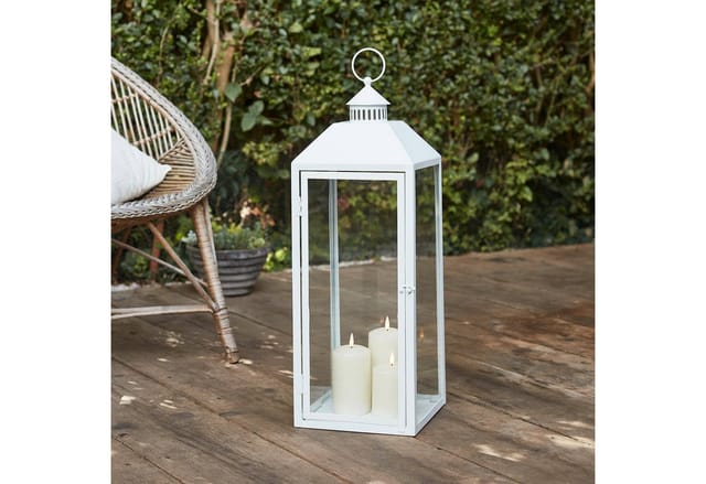 Große Perth Metall Laterne weiß mit 3 TruGlow® Outdoor Kerzen mit Fernbedienung