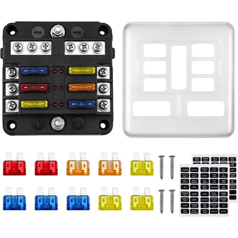 6-fach Sicherungskasten, 12v Ato 32v 100a Sicherungshalter Mit 10 Sicherungen, 6 Led-anzeigen, Schutzabdeckung + 2 Aufkleber Für Auto, Boot, Wohnmobil