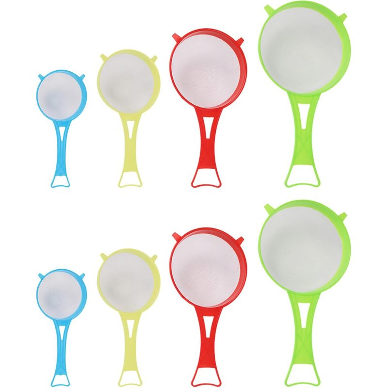 8-teiliges Handmehlsieb-set, Kreativer Kunststofffilter, Küchenbackwerkzeug Zum Trennen Von Feststoffen Und Flüssigkeiten, Rot, Gelb, Blau Und Grün, 26,5 X 13,6 X 4,5 Cm