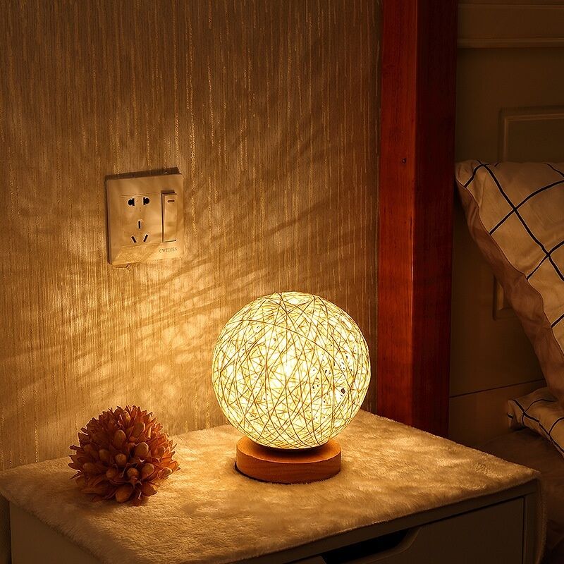 Rattan-tischleuchte, Dekorative Nachttischlampe Aus Holz, Usb-betrieben, Druckknopfschalter, Für Schlafzimmer, Wohnzimmer, Nachttisch, Beistelltisch, Café, Kinderzimmer, Beige, 15 Cm