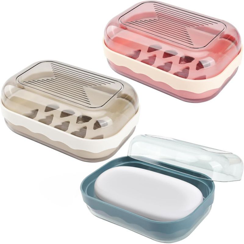 3-teiliges Reise-seifenschalen-set, Tragbare Seifenbox, Auslaufsichere Und Versiegelte Seifenbehälter Für Reisen, Zuhause, Badezimmer Und Camping (blau, Grau-weiß, Rosa), Kunststoff, 12,8 X 8,8 X 5,5
