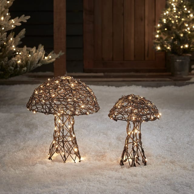 LED Pilz Deko aus Rattan