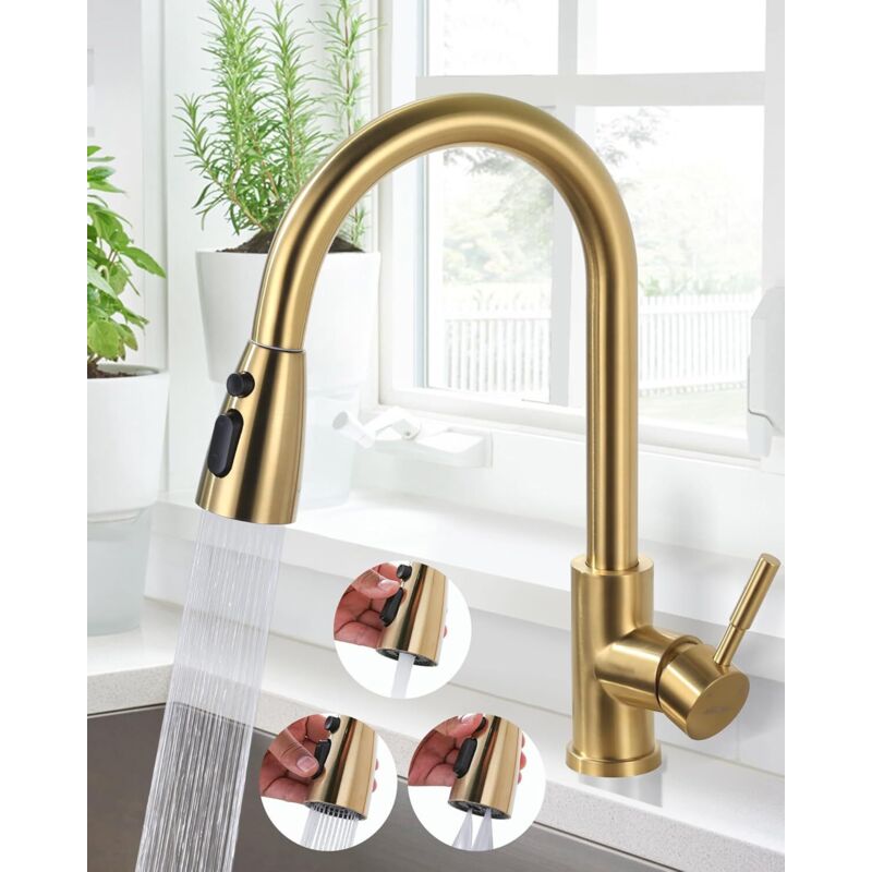 Hochdruck-küchenarmatur Aus Edelstahl Mit 360°-schwenkbereich, Ausziehbar, Auslaufsicherer Keramikkartusche Und 3 Strahlarten. Goldfarben.