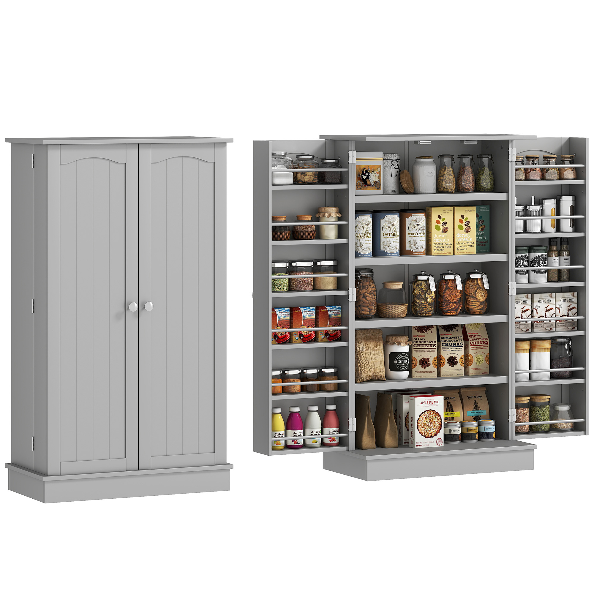 Küchenschrank Vorratsschrank Mit 2 Türen 5 Regalen Und 12 Gewürzhaltern 60 X 30 X 104 Cm Grau