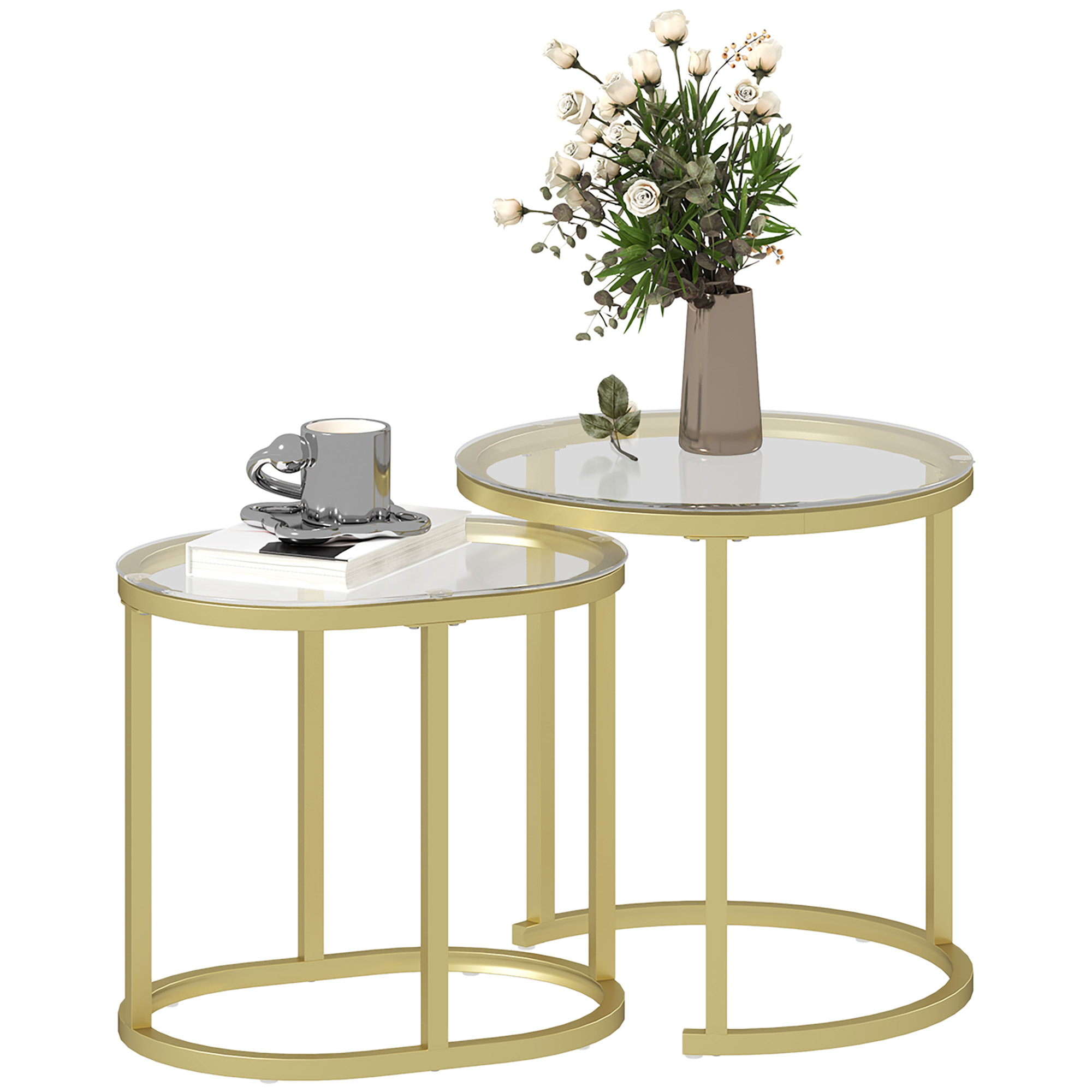 2er Set Satztische Beistelltische Mit Stahlgestell Und Gehärteter Glasplatte Stapelbar Transparent Gold