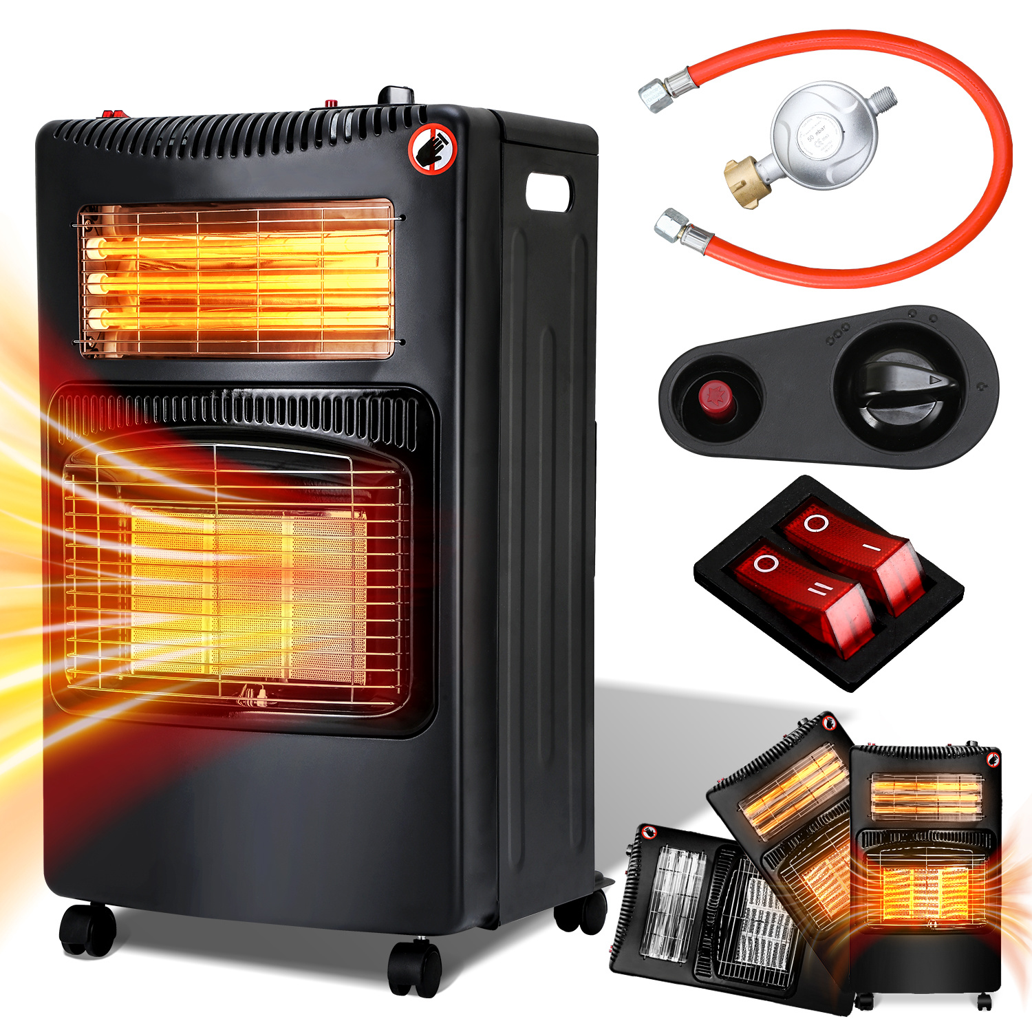 Tolletour Gasofen Elektro Kombi 4200/1200 Watt, Piezozündung, Kippschutz, Ods, 5 Lenkrollen, Schwarz, Inkl. 2 Eu-adaptern