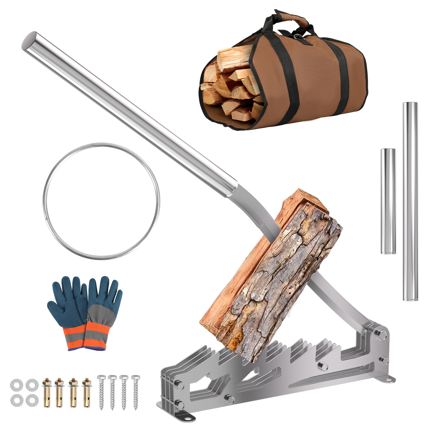 Tolletour Handholzspalter Zur Wandmontage Mit Abnehmbarem Verlängerungsgriff, Brennholztasche Und Schutzhandschuhen, Silber