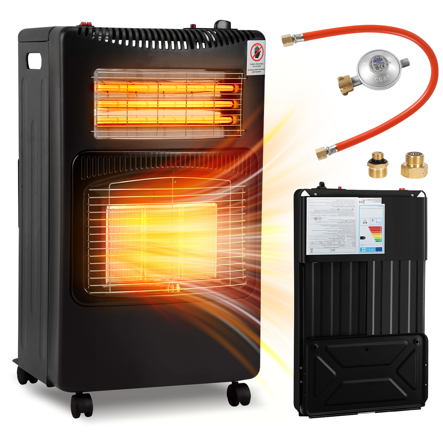 Tolletour Gasofen Elektro Kombi 4200/1200 Watt, Piezozündung, Kippschutz, Ods, 4 Lenkrollen, Schwarz, Inkl. 2 Eu-adaptern