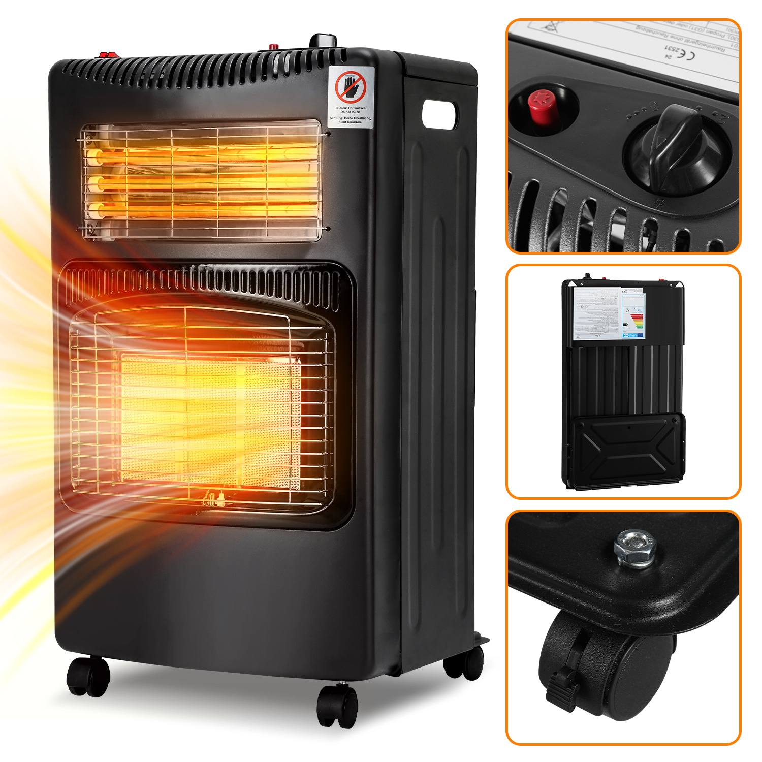 Tolletour Gasofen Elektro Kombi 4200/1200 Watt, Piezozündung, Kippschutz, Ods, 4 Lenkrollen, Schwarz