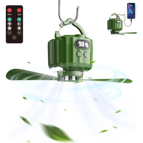 Deckenventilator Für Campingzelte, Tragbarer Zeltventilator Mit Licht Und Fernbedienung, Betrieb Über Eine Externe Batterie.