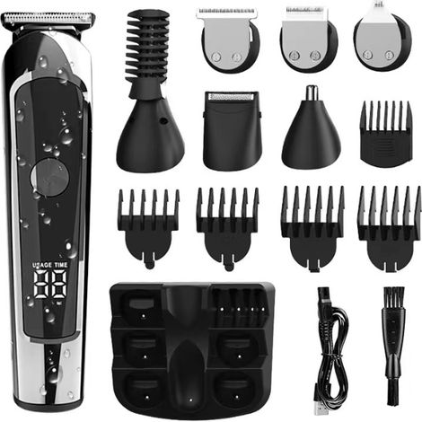 Professioneller Herrenhaarschneider, 6-in-1 Bart-, Nasen- Und Ohrhaartrimmer, Geschenk Für Männer, Wasserdichter Elektrorasierer Mit Aufsteckkämmen Und Led-display, All-in-one-pflegeset, Usb-aufladbar