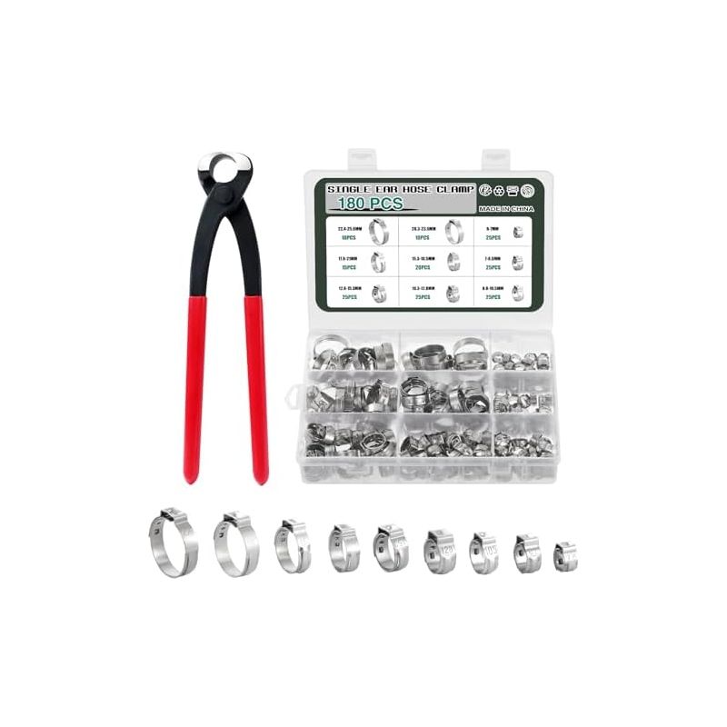 180 Stück Schlauchschellen Mit Einfacher Öse. Edelstahl 304. 9 Größen Mit Ringen Von 6–25,6 Mm. Einfache Klemmen. Stufenlose Crimp-klemmen, 9 Größen.