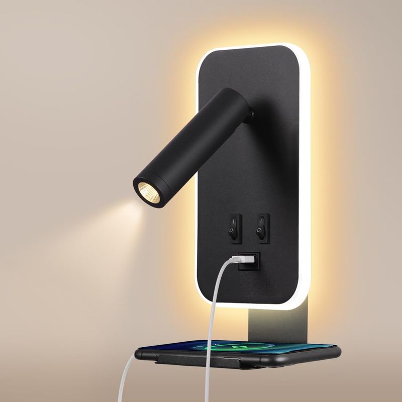 Led-wandleuchte – Nachttischlampe – Ambiente- Und Lesebeleuchtung Mit Usb-anschluss Und Ablage – Für Schlaf- Und Wohnzimmer – Schwarz – 3 W + 9 W
