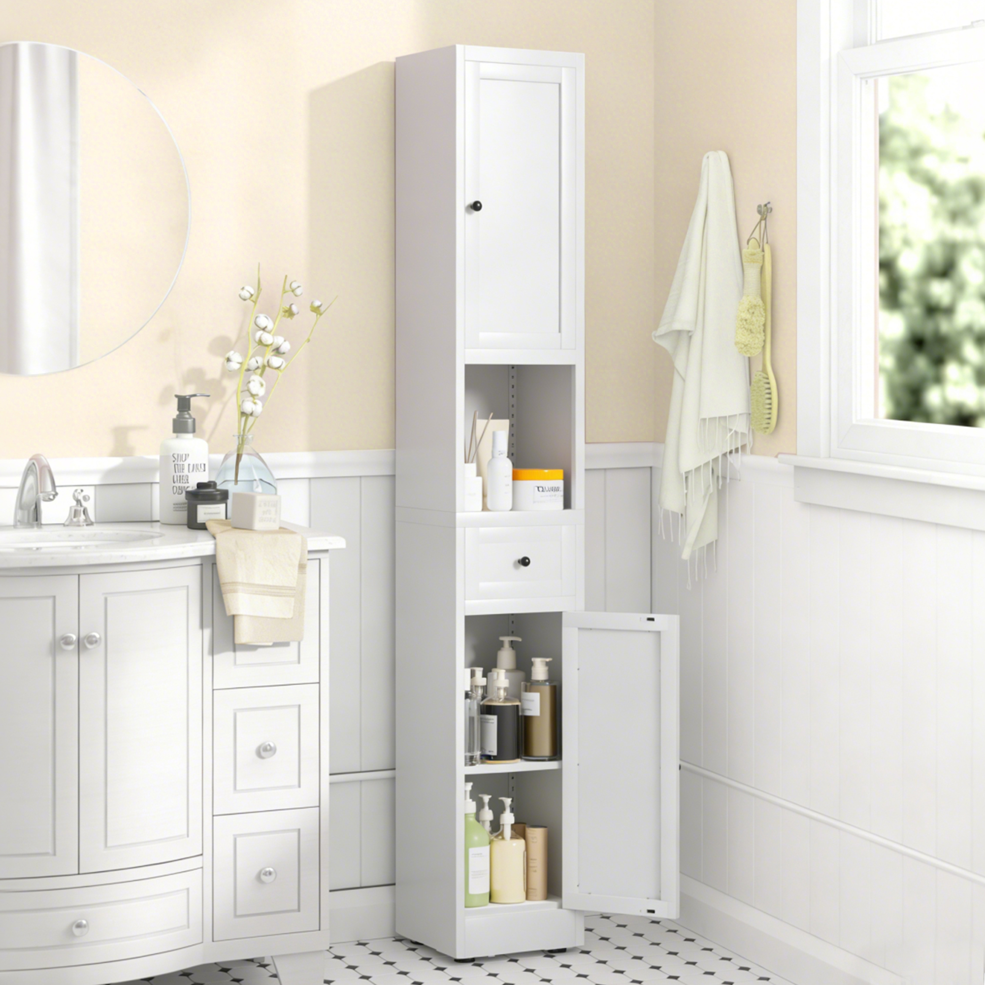Weißer Badezimmer-aufbewahrungsschrank, Schmaler Metallschrank Mit 5 Ebenen, 2 Türen Und Verstellbaren Böden. Freistehend, Platzsparend Für Küche, Waschküche Und Vorratskammer,h 180 × B 30 × T 30cm