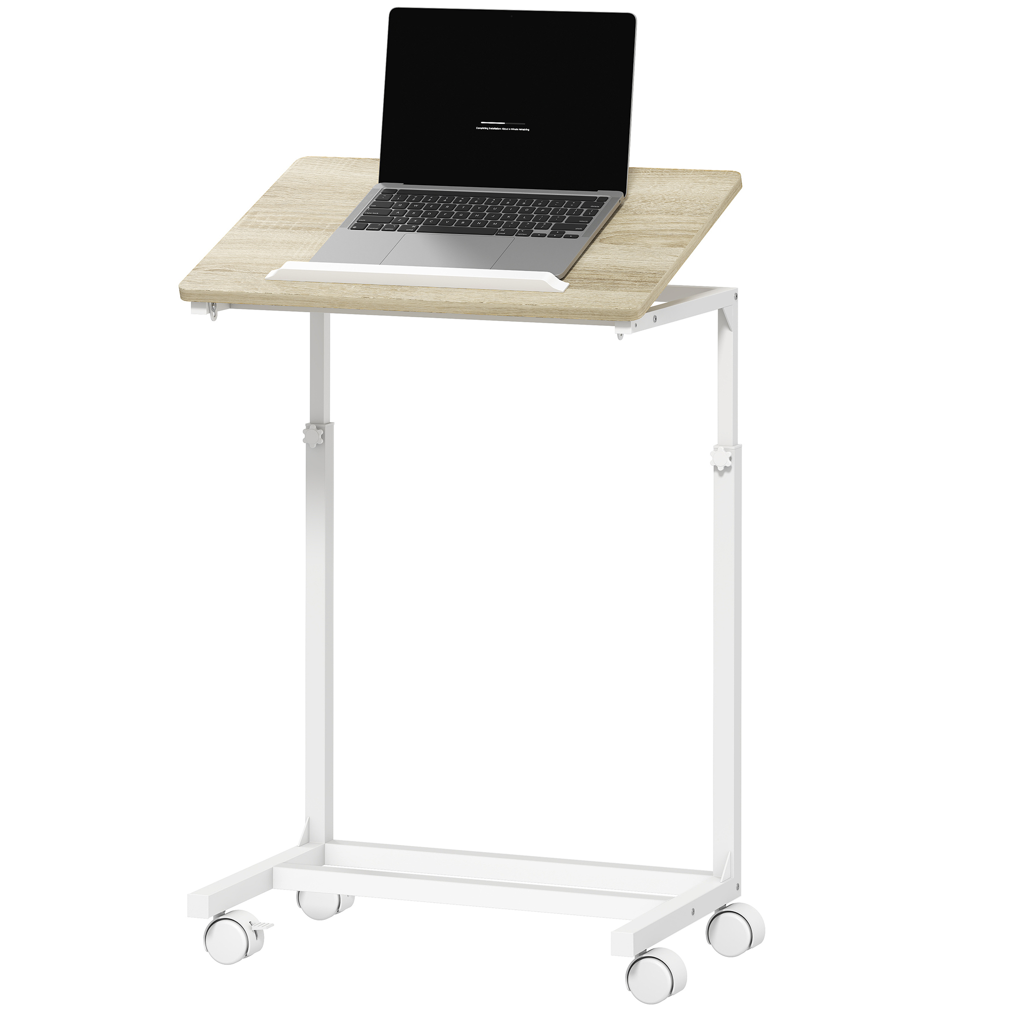 Höhenverstellbarer Arbeitstisch Mit Neigbarer Tischplatte Und 4 Rollen, Aus Holz Und Metall, 55 X 36 X 62,5–82,5 Cm, Weiß Und Eiche