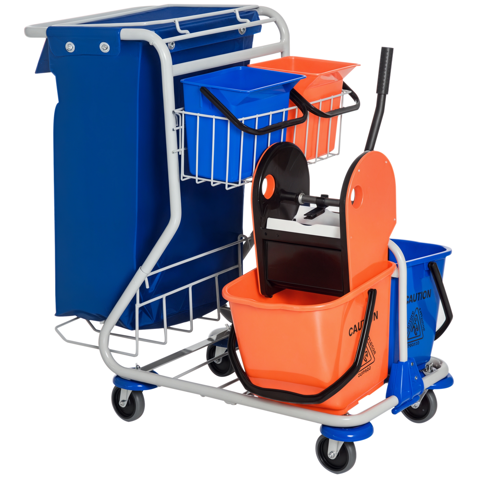 Professioneller Reinigungswagen Mit Müllsack, Zwei 18-liter-eimern Für Wischmopps, Zwei 6-liter-aufbewahrungseimern, Wischmoppauswringer, Haken Und Rollen Für Hotels Und Hostels, 93 X 80 X 97 Cm, Oran