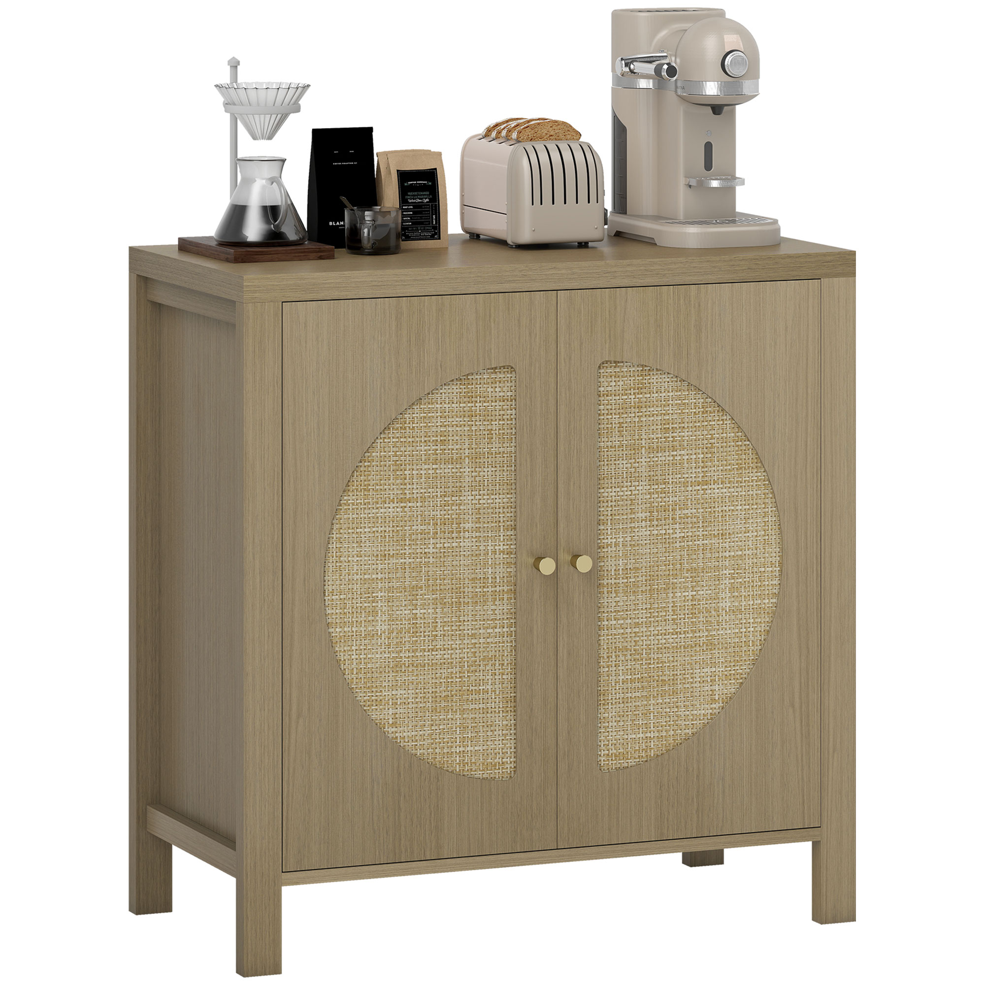 Küchen-sideboard Mit 2 Rattantüren, Verstellbarem Einlegeboden Und 2 Griffen, 75 X 38 X 77 Cm, Naturholz