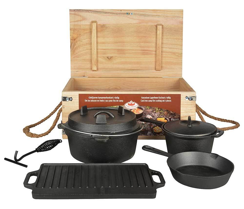 Dutch Oven Set 7-teilig Outdoor Kochset Gusseisen Lagerfeuer Grillplatte Pfanne Topf