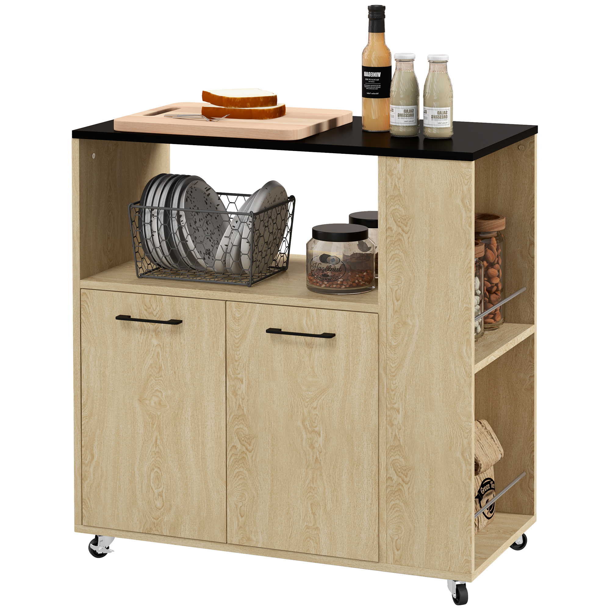 Küchenwagen Mit Rollen, 2 Türen, Verstellbarem Einlegeboden Und Gewürzregal Für Das Esszimmer, 75 X 40 X 80,5 Cm, Natur