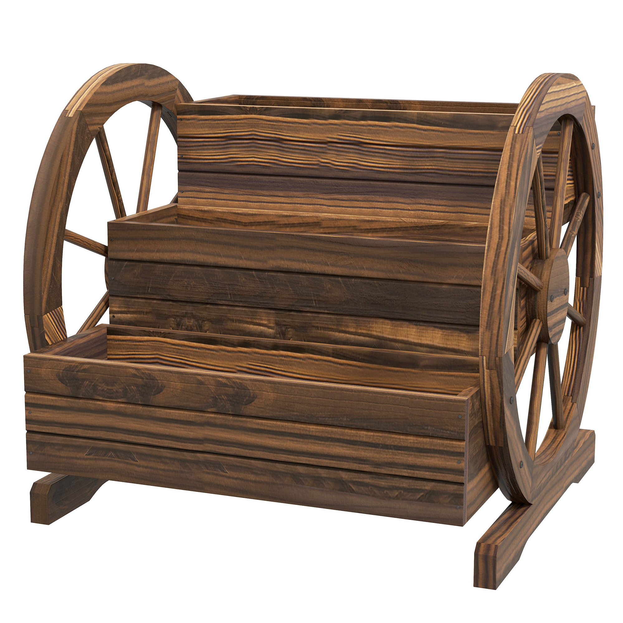 Dreistufiger Pflanzkasten Für Den Außenbereich Mit Dekorativen Rollen, Aus Verkohltem Tannenholz, 62 X 61 X 57 Cm