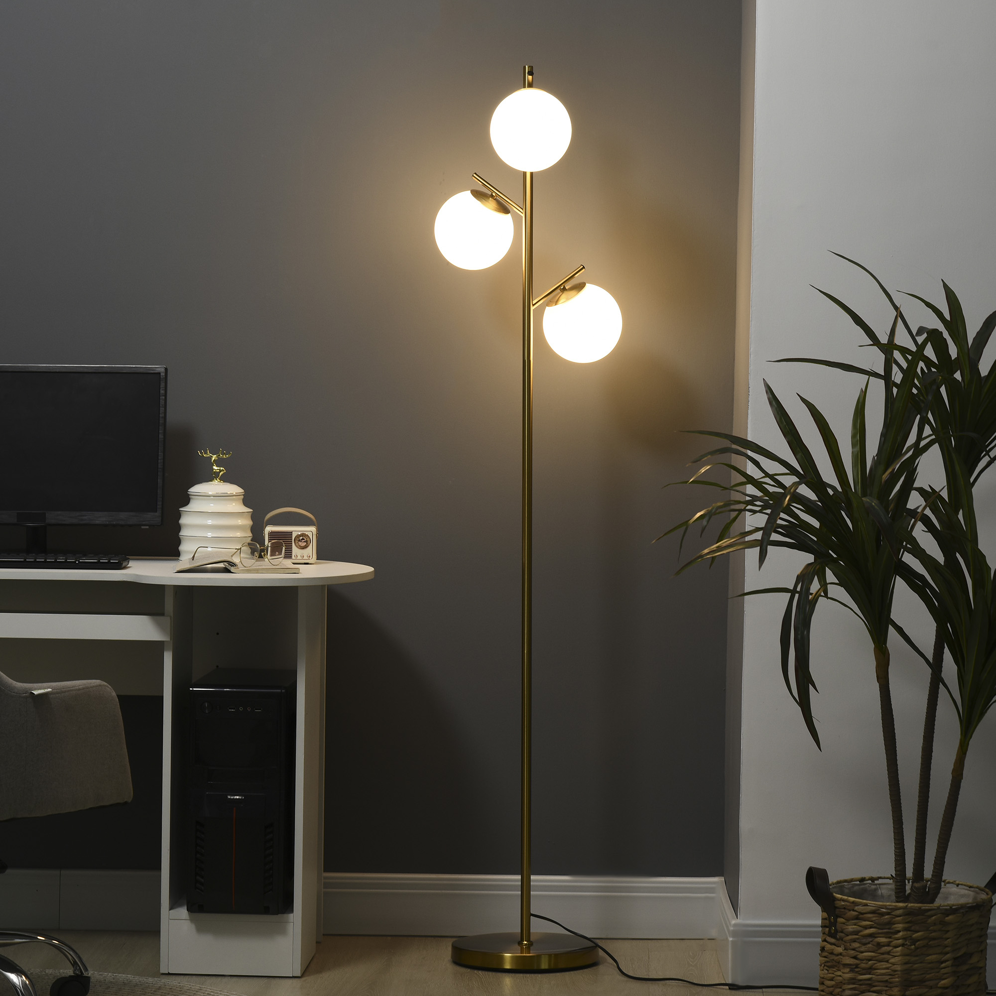 Moderne 3-flammige Stehleuchte Aus Stahl Und Glas, Ø 27 X 159 Cm, Gold